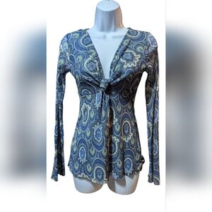 Paisley Knot-Front Women Top - Blue and Cream